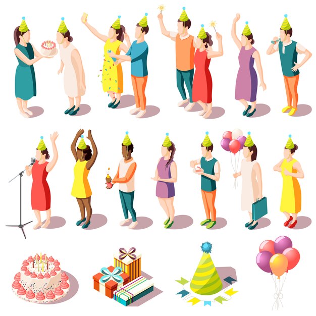 Birthday party isometric icons set of people in in festive costumes and party supplies isolated illustration