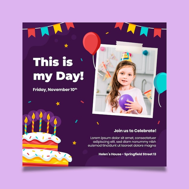 Free vector birthday party squared flyer template