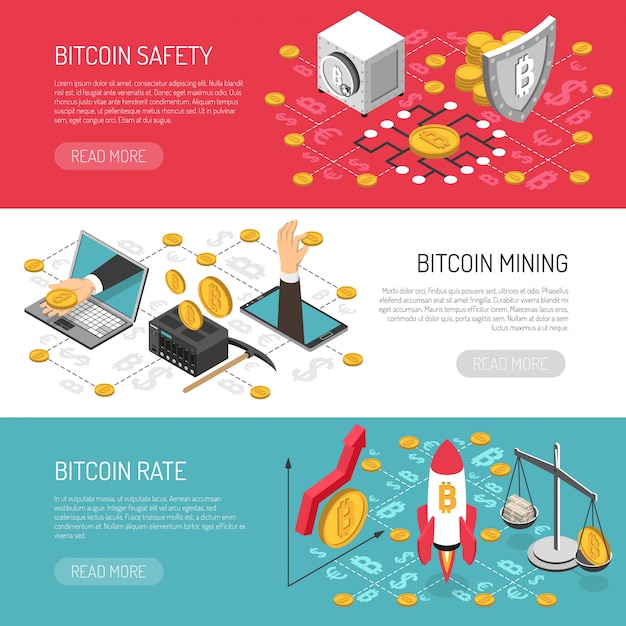 Free Vector bitcoin rate safety isometric banners 