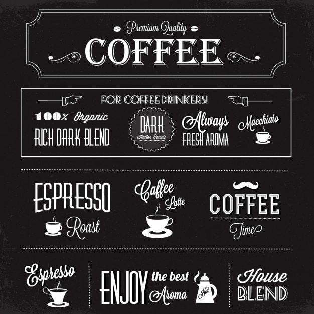 Black background with coffee labels