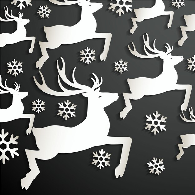 Black background with reindeers and snowflakes