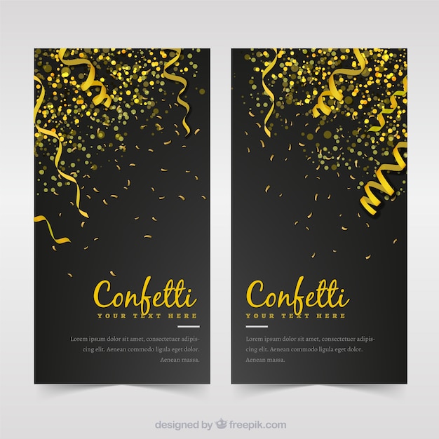 Free vector black banners with golden streamer and confetti