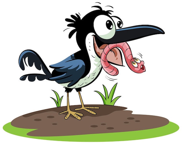 Free Vector black bird eating worm in cartoon style