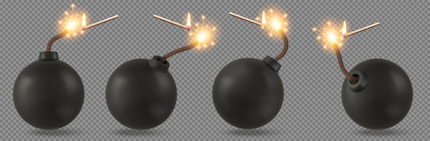 Free Vector black bombs with burning fuse matches with fire