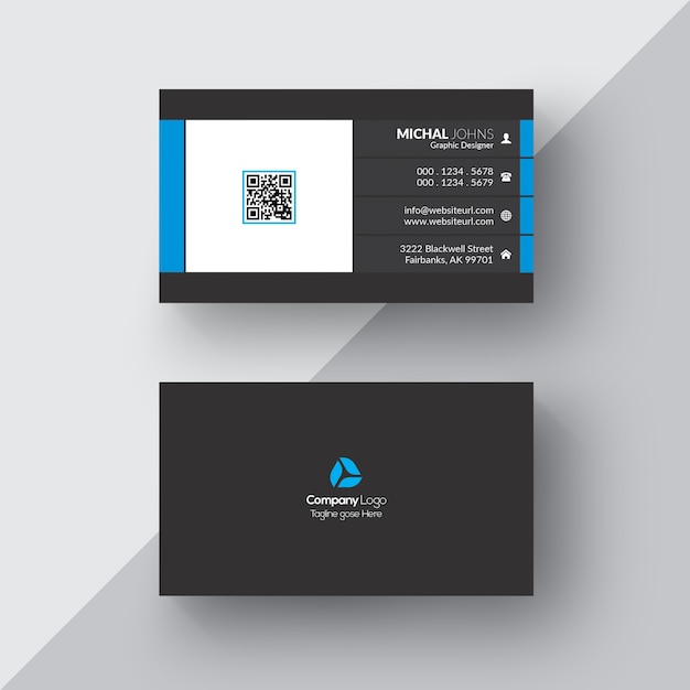 Black business card with white and blue details