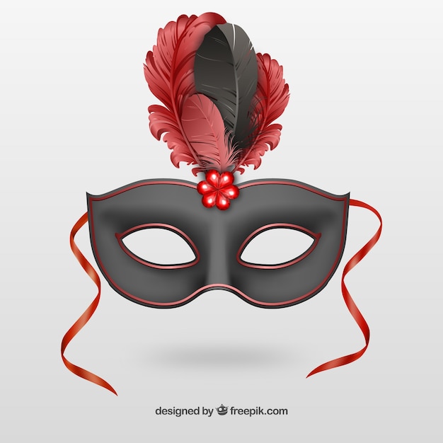 Free Vector black carnival mask with red feathers