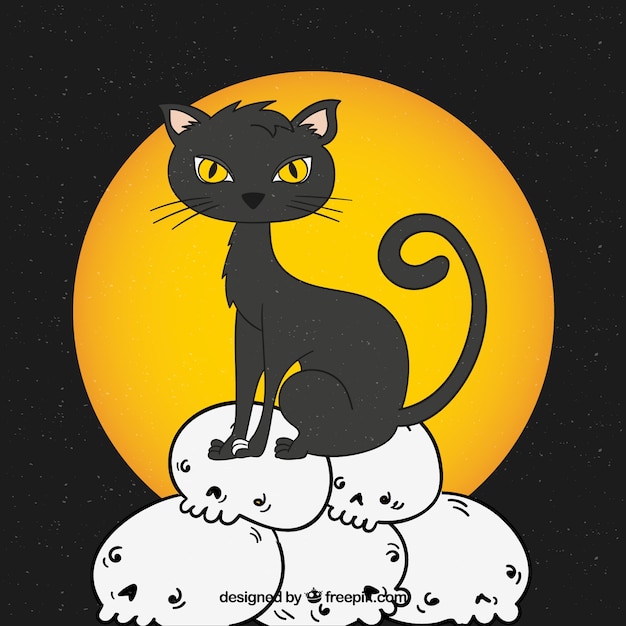 Free Vector black cat background with hand drawn skulls