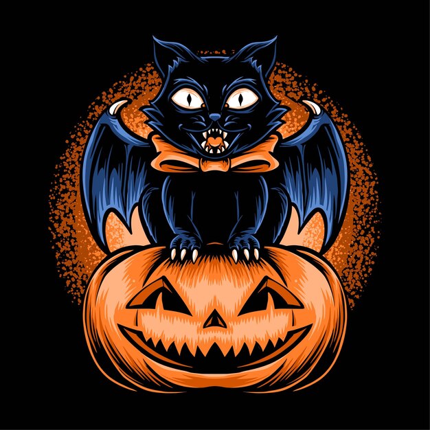 Black cat with pumpkins head illustration