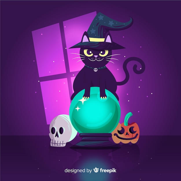 Free Vector black cat with witch crystal sphere