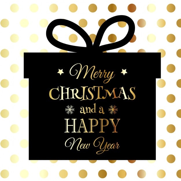 Free Vector black christmas gift on a background with golden dots