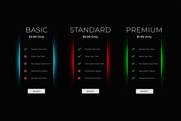 Black dark theme price comparison table business template