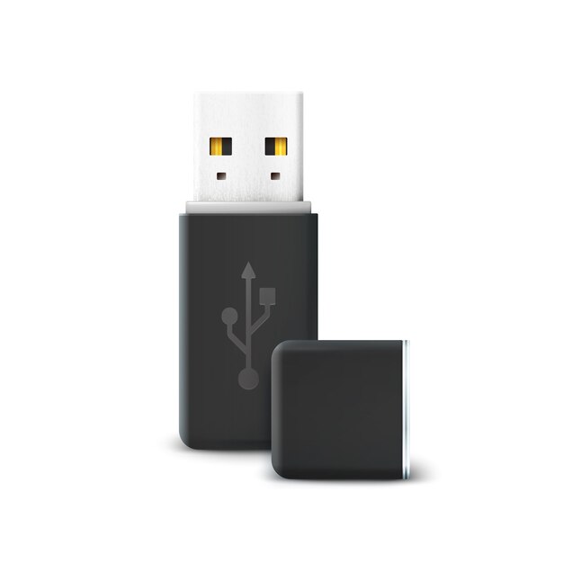 Black flash drive isolated on white. Usb and hardware, information and memory transfer, technology storage, electronic portable and connect. 