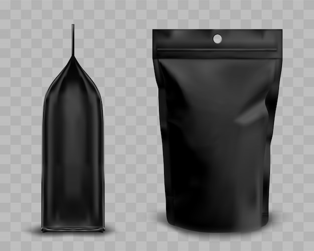 Free vector black foil pouch with zipper, doypack for food