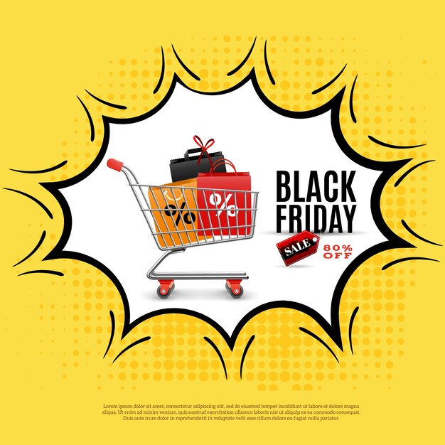 Black friday ad poster on yellow background with shopping trolley in comic bubble illustration