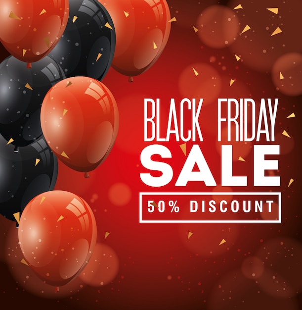 black friday banner and fifty discount with balloons helium decoration   