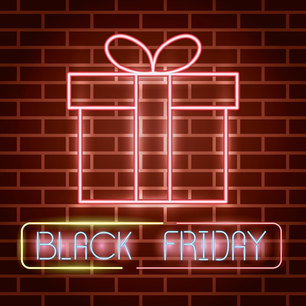 Free Vector black friday neon lights label with gift