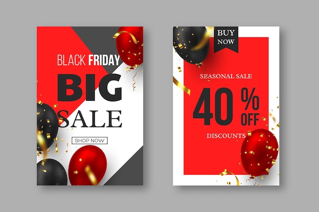 Black Friday sale posters. 3d red and black realistic glossy balloons with golden serpentine. Grey, white and red background. Vector illustration.