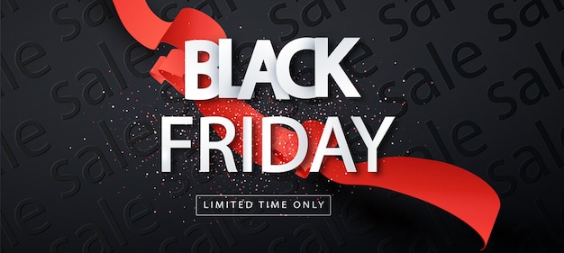 Black Friday sale promo poster with red ribbon . Limited time only. Universal vector background sale background for poster, banners, flyers, card.