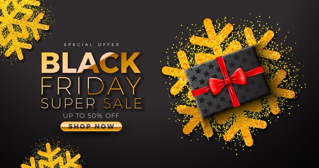 Black Friday Super Sale Illustration with Golden Snowflakes and Gold Lettering on Dark Background