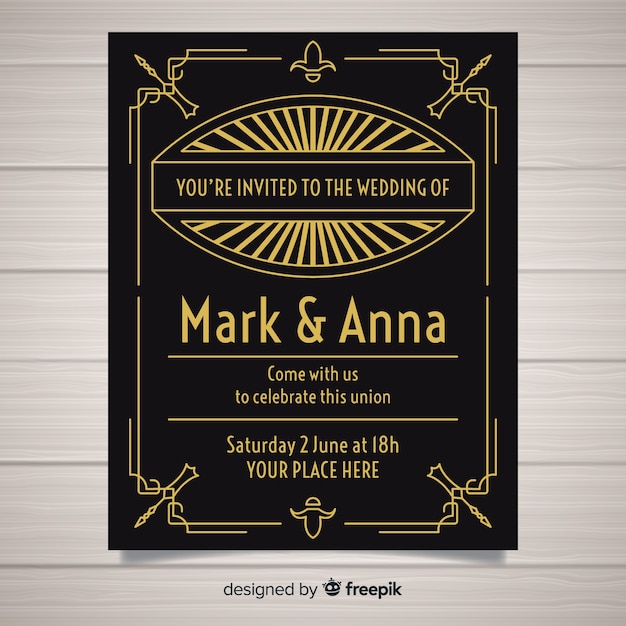 Black and golden art deco wedding invitation template design