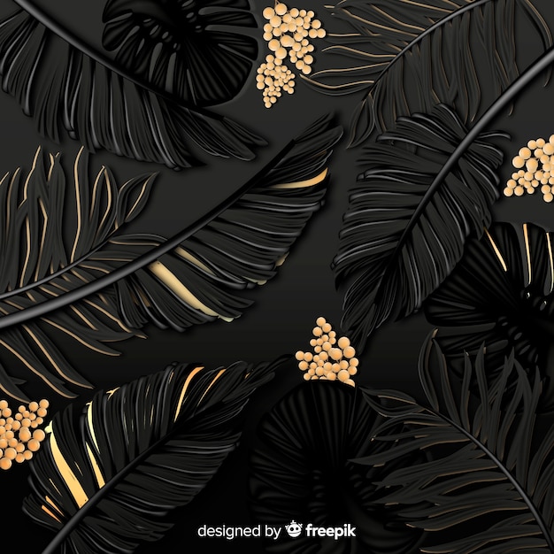 Black and golden tropical leaves background