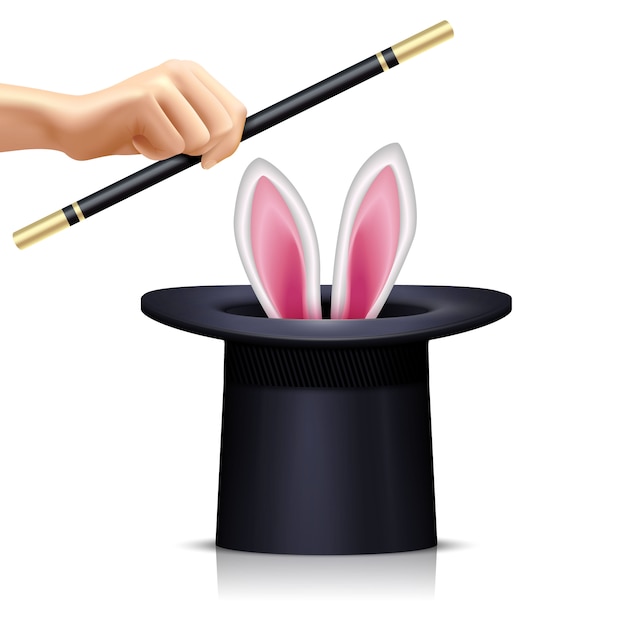 Free Vector black hat with rabbit for illusionist tricks and hand holding magic wand on white background realistic isolated vector illustration