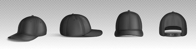 Free vector black isolated baseball cap vector mockup template 3d realistic hat with visor men sport clothes design mock up icon empty corporate leather or cotton headdress wear model layout clipart pack