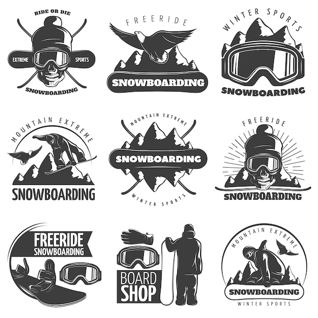 Free vector black isolated snowboarding emblem set with titles ride or die free ride winter sports mountain extreme and board shop vector illustration