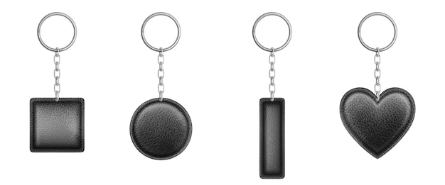 Black leather keychain different shapes with metal chain and ring.