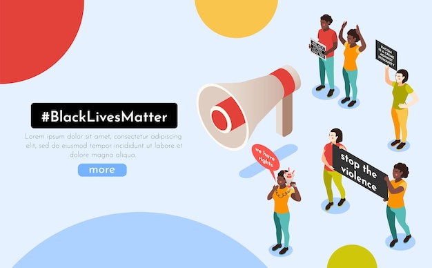 Free Vector black lives matter movement website isometric composition with protesters holding banner shouting slogans over loudspeaker