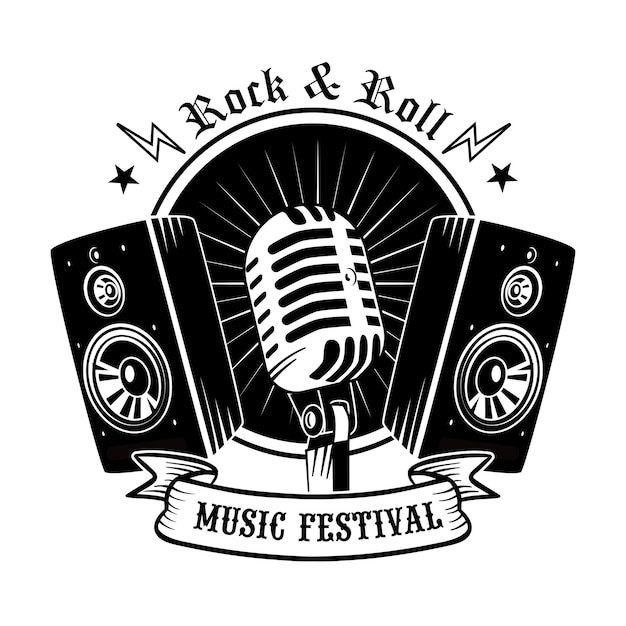 Free vector black mic and loudspeakers vector illustration. vintage promotional logo for concert or music festival