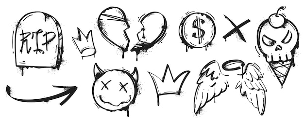 Free vector black paint spray graffiti with splatter and drips street art set of angel wings heart crown skull and devil sticker arrow symbols in urban style painted elements isolated on white background