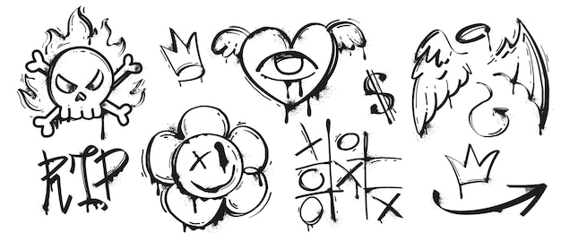 Free vector black paint spray graffiti with splatter and ink drips street art set of angel wings heart arrow tic tac toe and skull sticker in hand drawn painted urban elements isolated on white background