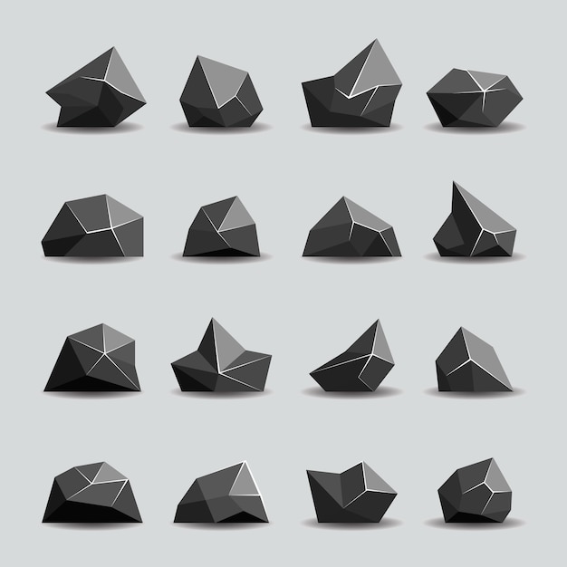 Free Vector black polygon stone and poly rocks. geometric crystal, polygonal object, vector illustration