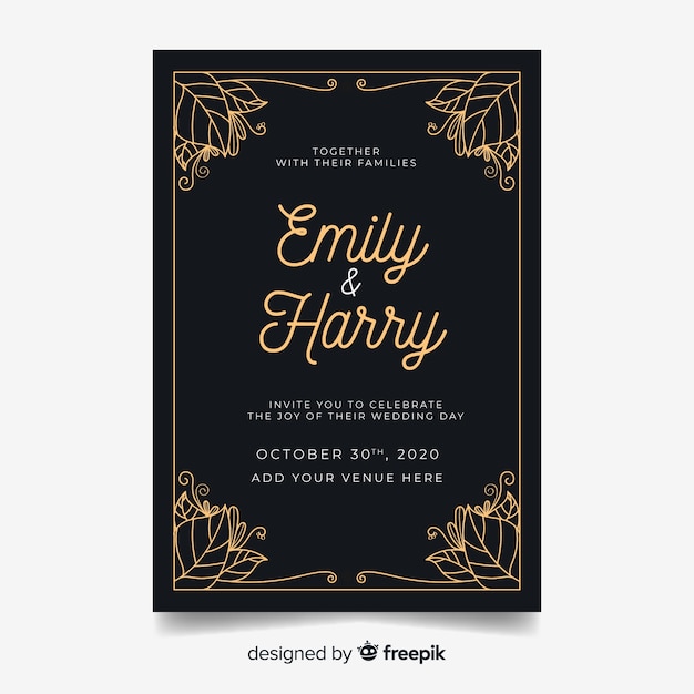 Black retro ornamental wedding invitation template