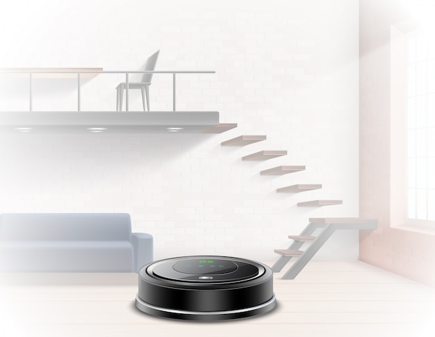 Free Vector black robotic vacuum cleaner on a apartment