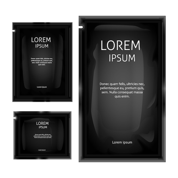 Free vector black sachet foil bag paper mockup. realistic glossy blank cosmetics