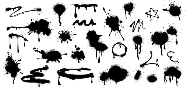 Free vector black spray paint drips inky blots lines and ink splatters with graffiti effect