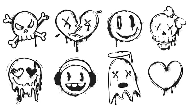 Free vector black spray paint graffiti emoji of smiling face heart skull and ghost street art set of ink drip splatter face emoticon characters in hand drawing style painted urban elements on white background