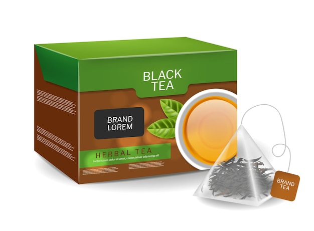 Black tea pack in triangle bags infusion Organic herbs vector realistic drink