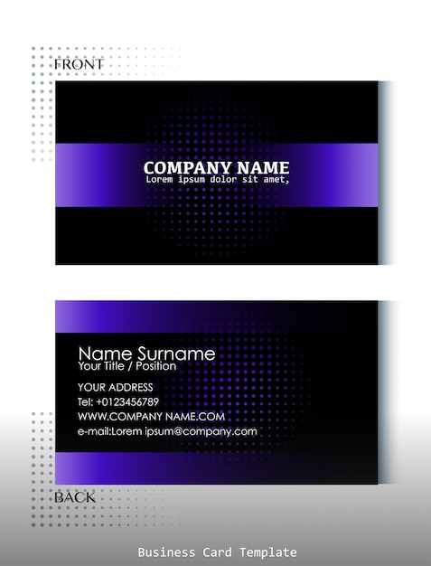 A black and violet colored business card on a white background