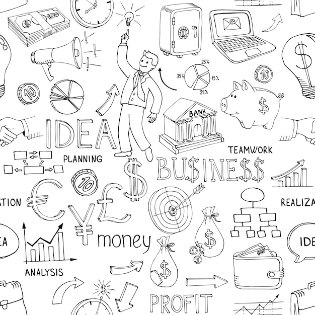 Black and white business doodles seamless pattern with a variety of icons depicting money  analysis  charts  ideas and strategy scattered in a random vector design