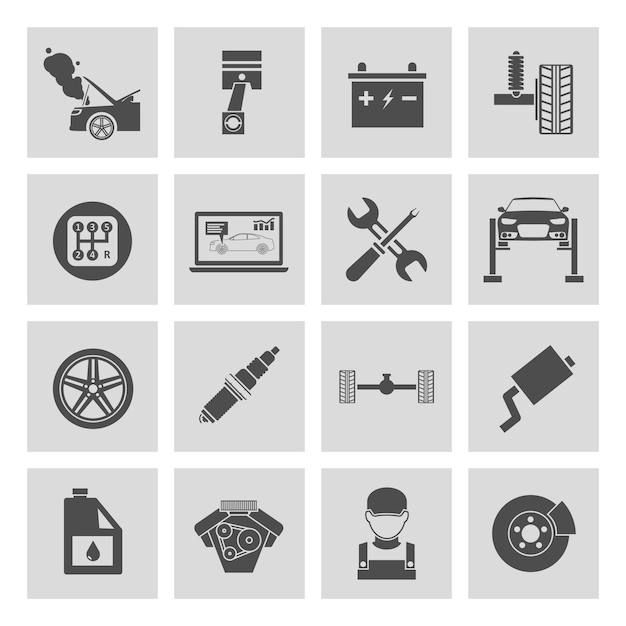 Black and white car repair icons