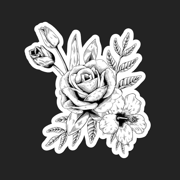 Black and white flower bouquet sticker with a white border 