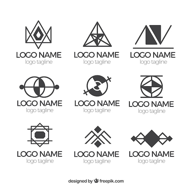 Black and white geometric logos in monoline style