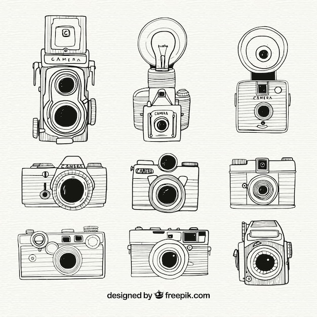 Free Vector black and white hand drawn camera collection