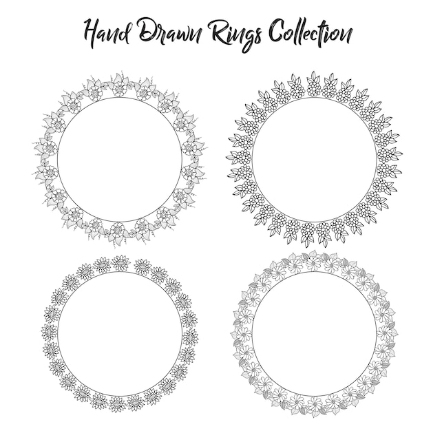  black and white hand drawn flower rings collection