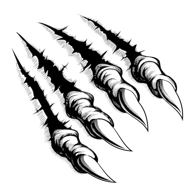 Free vector black and white illustration of monster claws breaking through ripping tearing and scratching the wall.