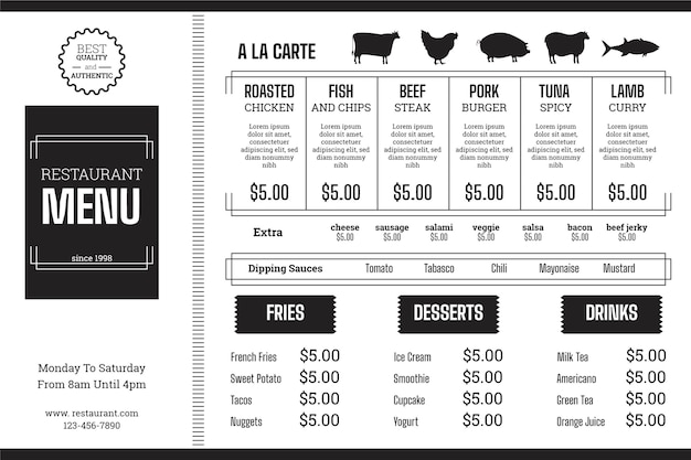 Black and white menu template in horizontal format