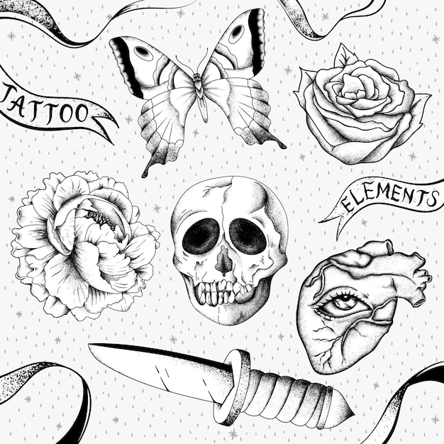 Black and white outline old school flash tattoo design vector collection